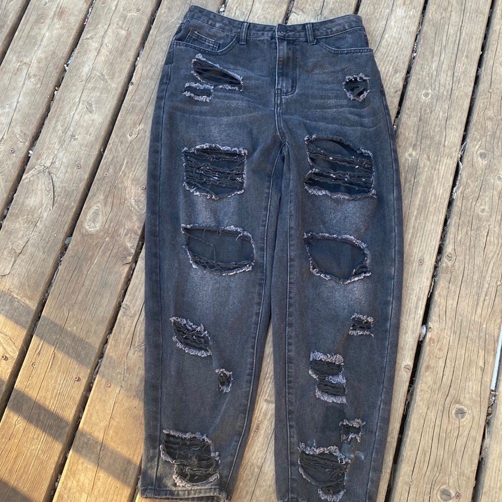 Women black ripped wide leg jeans,Size L